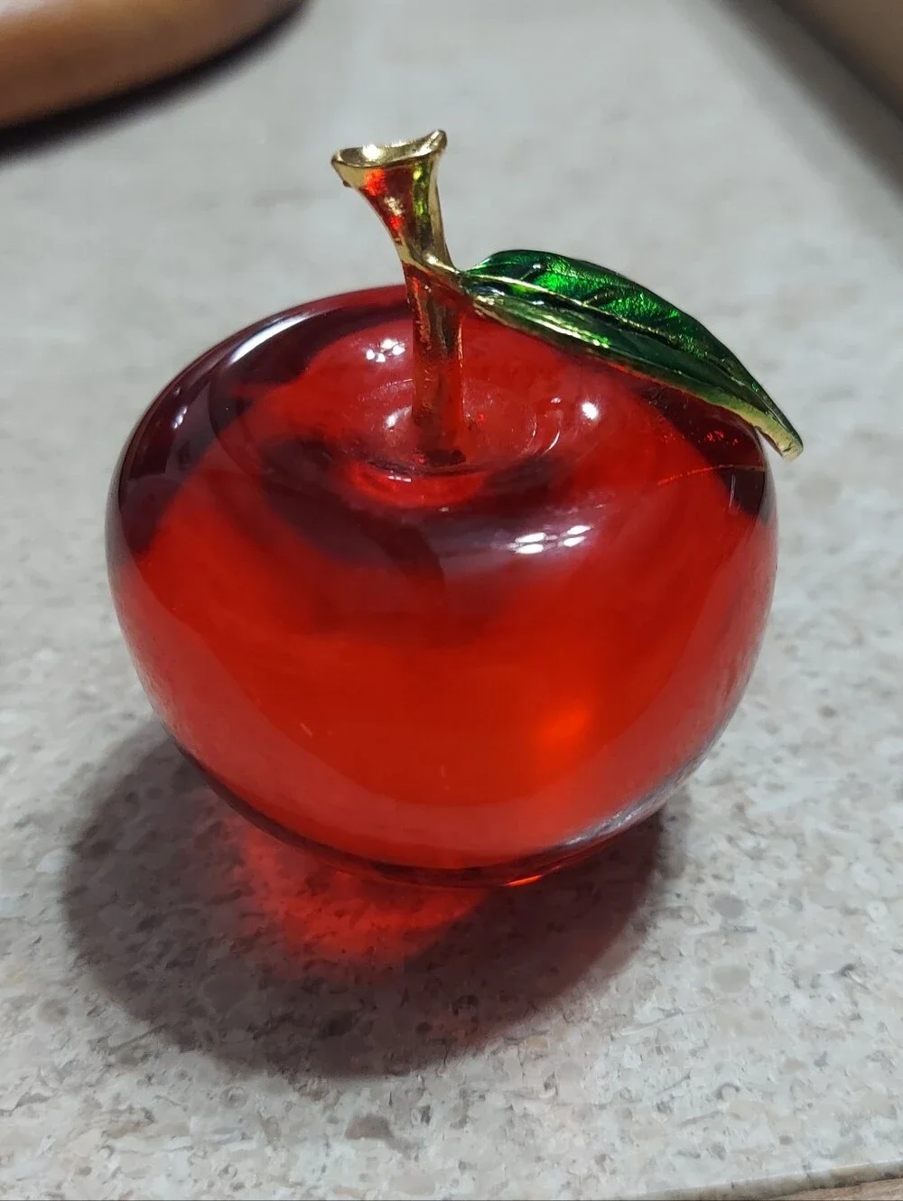 Red Glass Apple Decorative Accent with Green Leaf - Unbranded